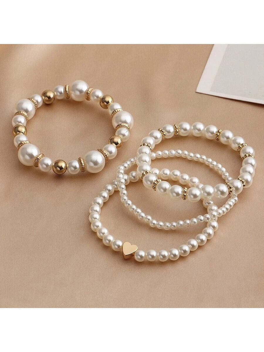 Faux Pearl Heart Charm Elastic Bracelet