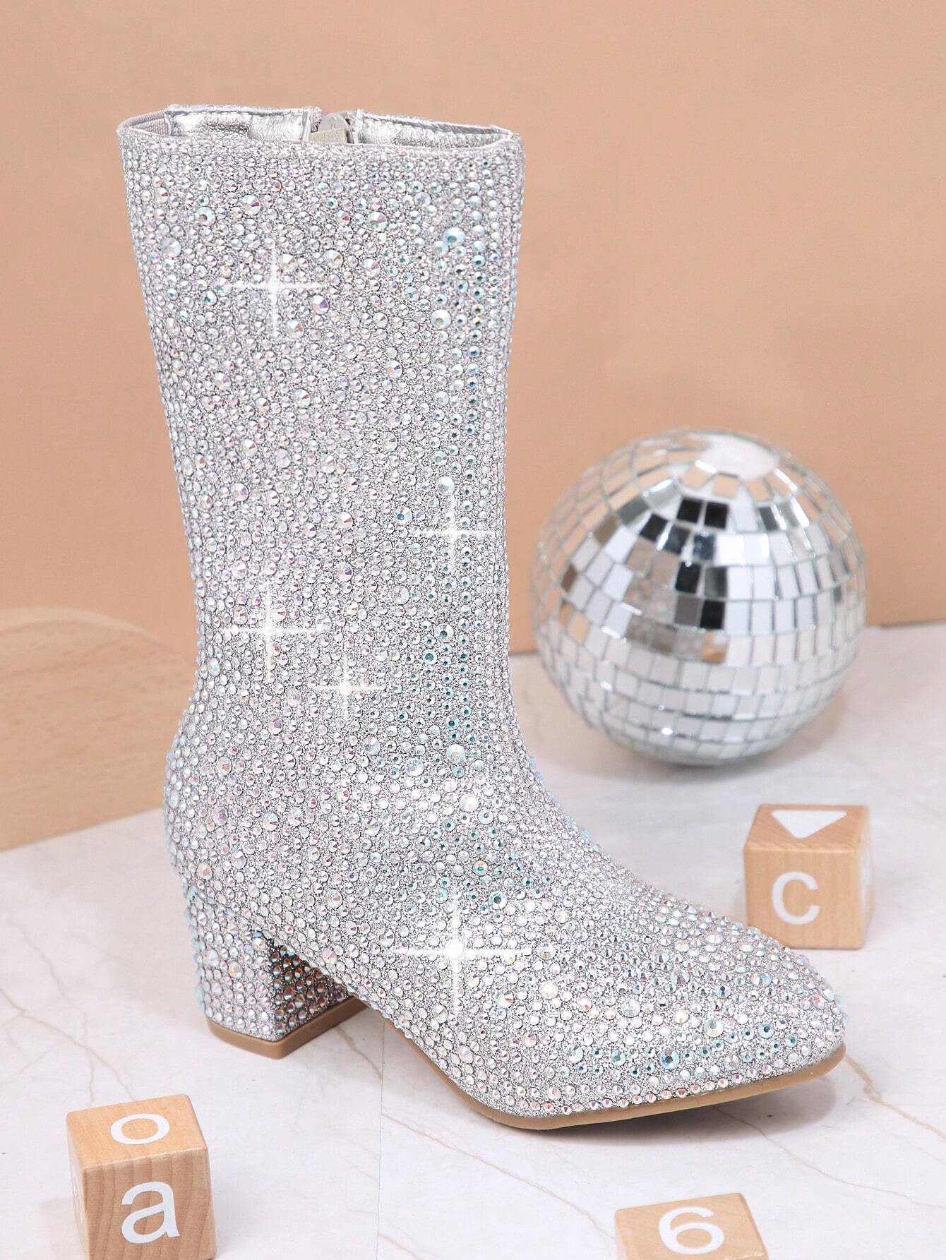 Rhinestone Side Zipper Chunky Heeled Boots