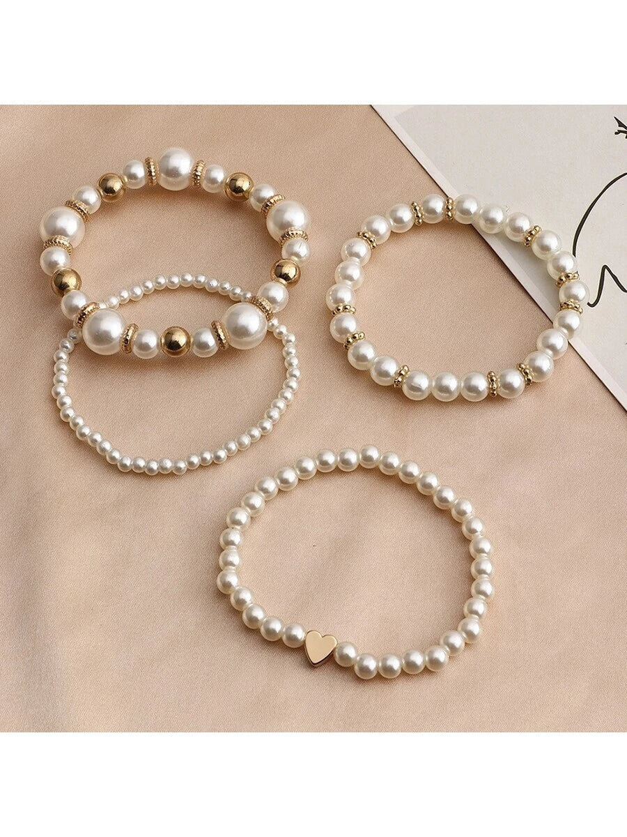 Faux Pearl Heart Charm Elastic Bracelet