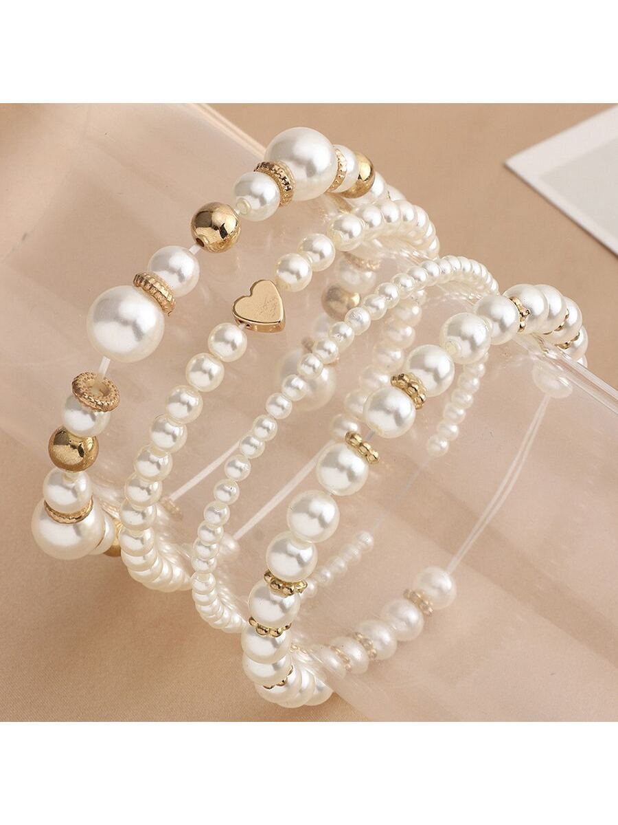 Faux Pearl Heart Charm Elastic Bracelet
