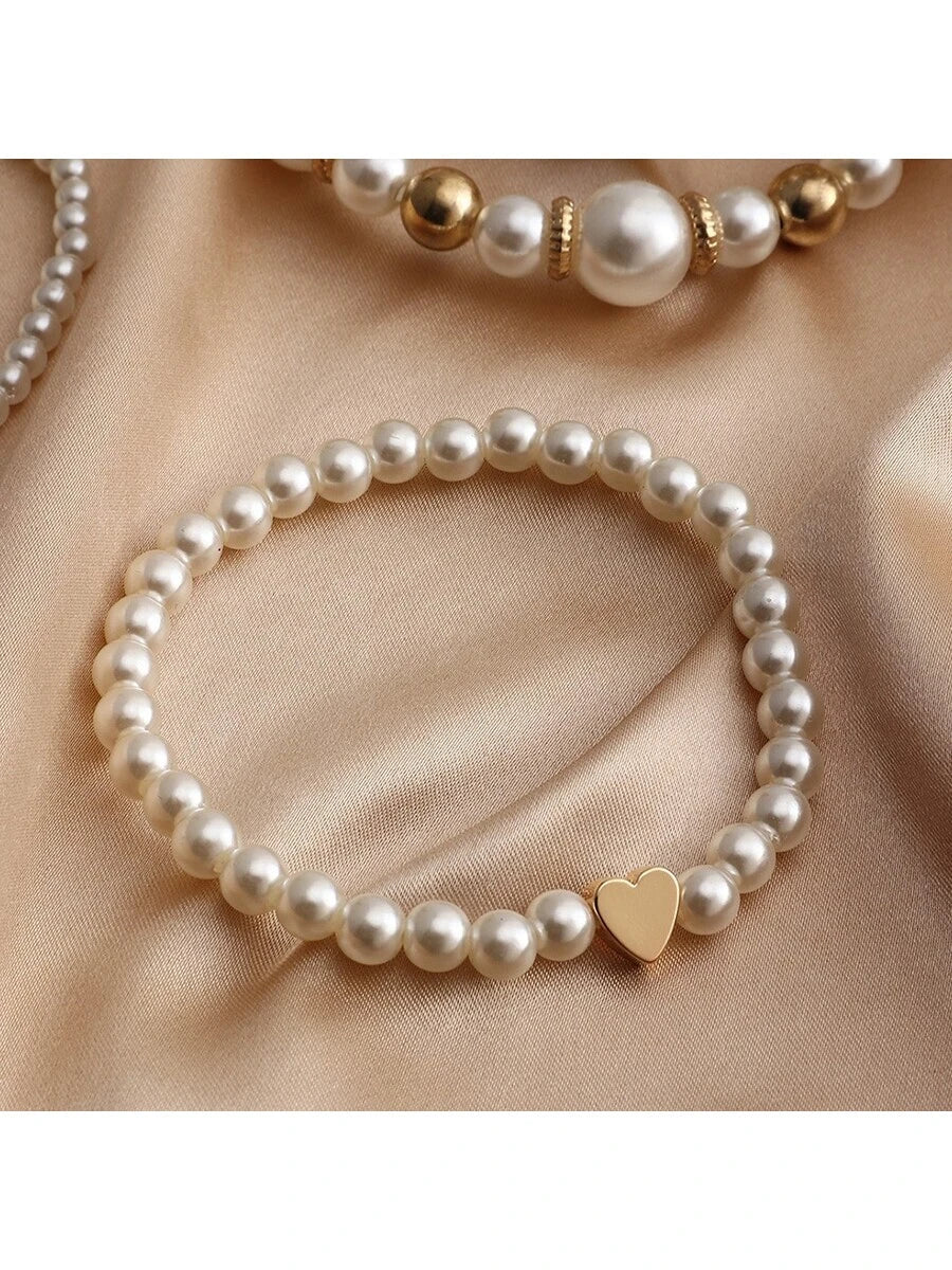 Faux Pearl Heart Charm Elastic Bracelet