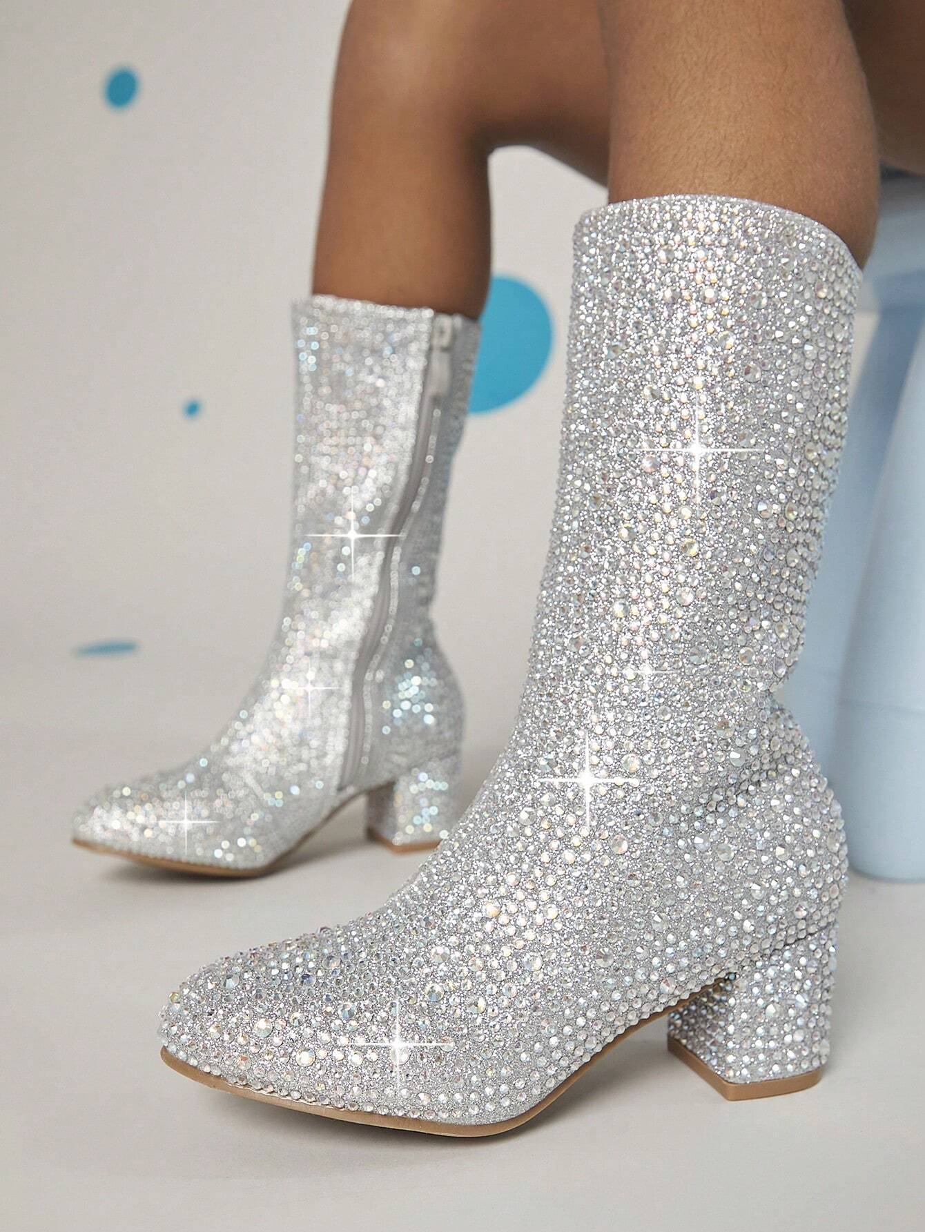 Rhinestone Side Zipper Chunky Heeled Boots
